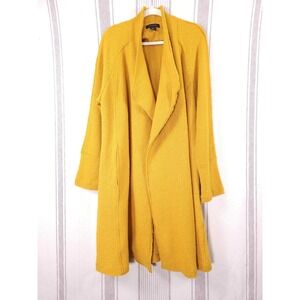Tahari Coatigan Womens Large Yellow Boucle Wool Blend Knit Long Open Front Boho